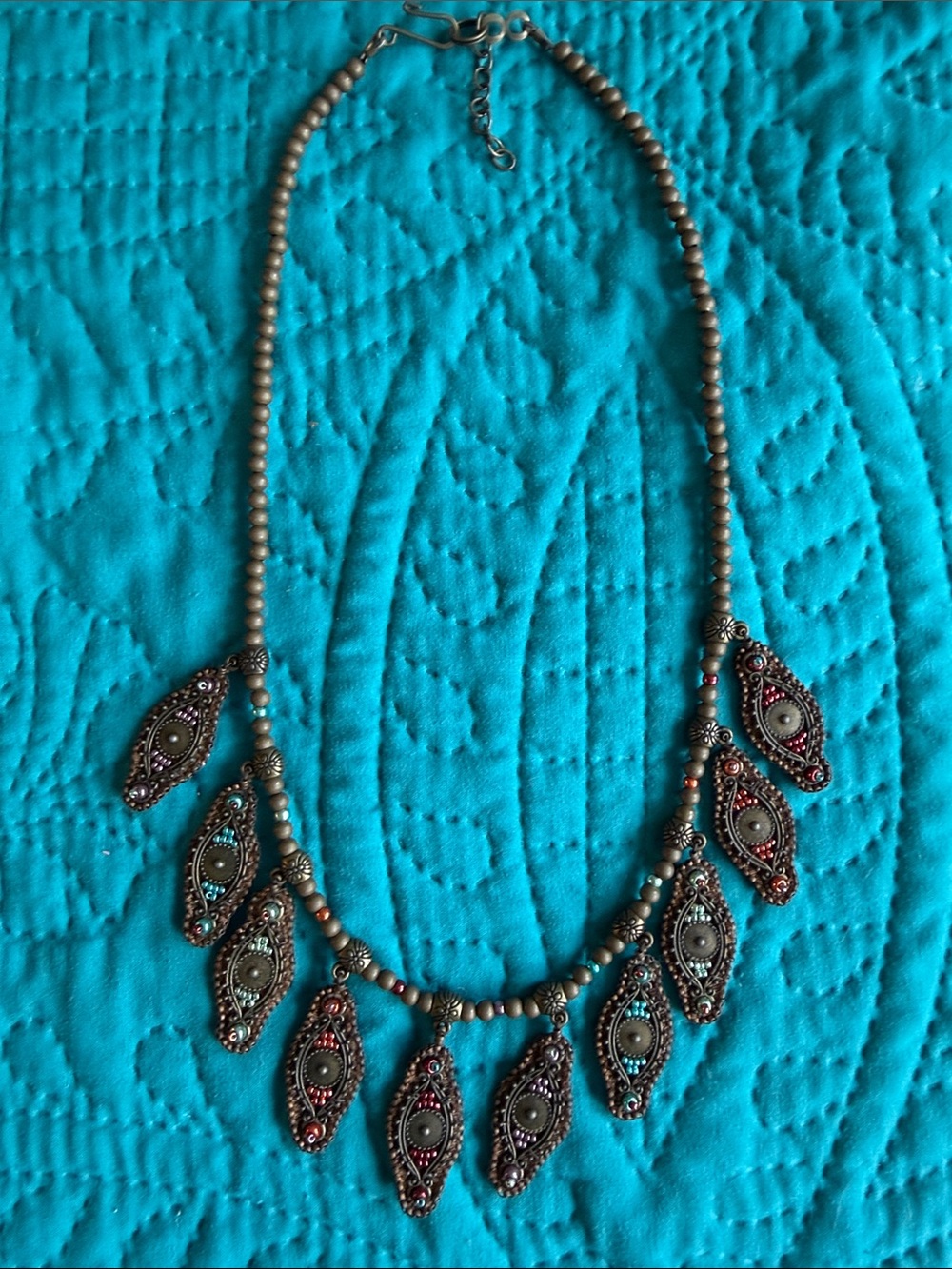 Antique-Style Hand Beaded Necklace with Multicolor Accent Charms